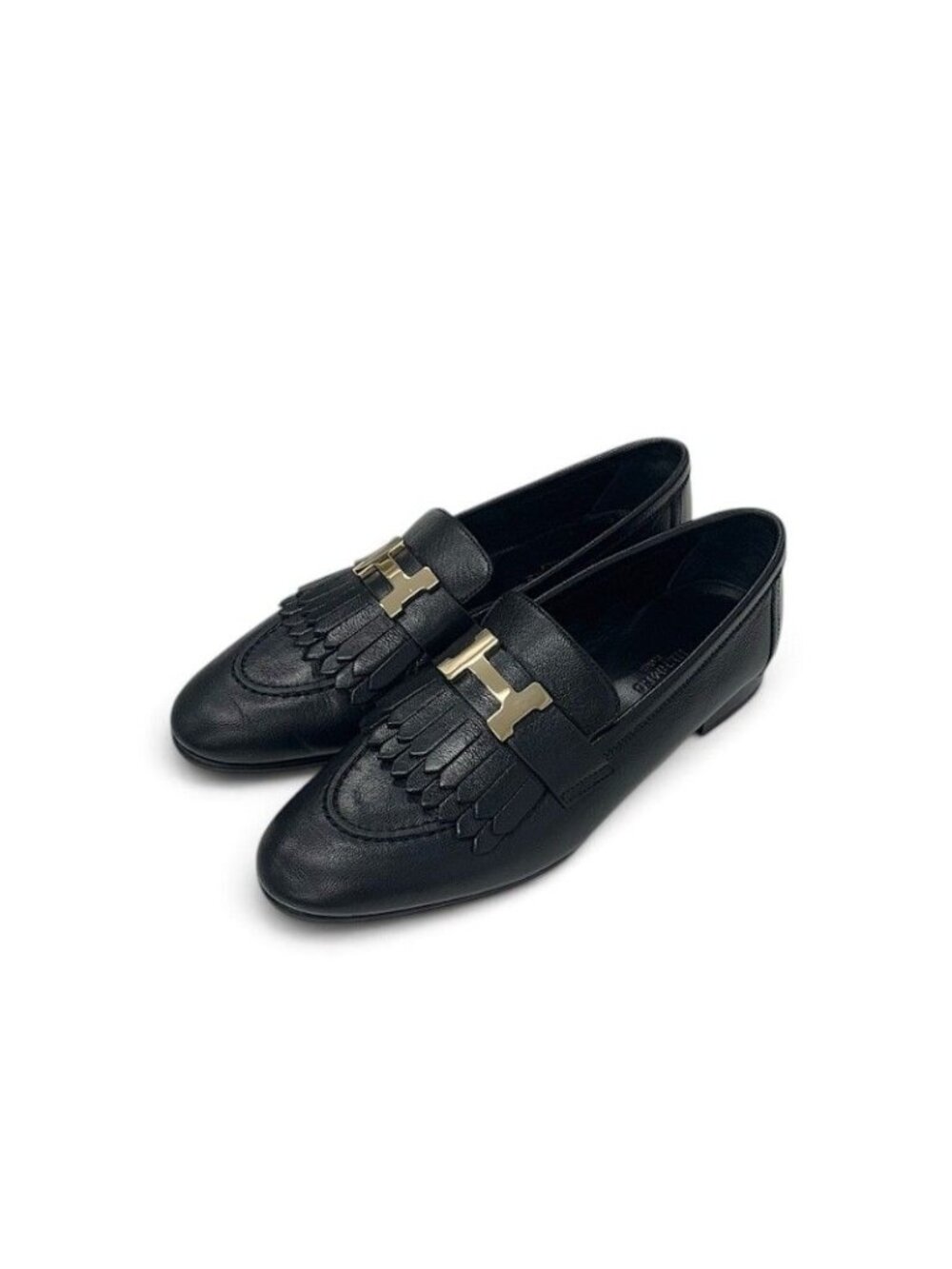 Hermes Royale Loafers Leather Shoes Black Gold H Fringe Moccasins Flats